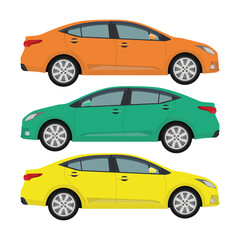 Vector illustration of three sedan with different color in cartoon flat style. Car side view. Hybrid and electric car blueprint. Compact sedan automobile transportation modern technolog