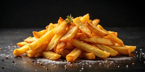 Crispy fried potatoes french fries on black background Macro