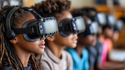 A group of multicultural schoolchildren using virtual reality headsets, with an African American teacher guiding them, emphasizing technology in education.