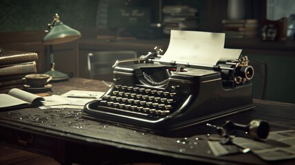 Vintage Typewriter on a Desk with Papers and a Cup of Coffee