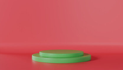 Isolated red and green plastic gift boxes on red background
