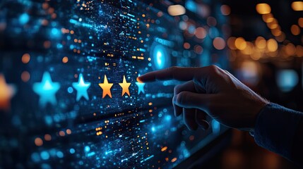 A hand points to a five-star rating on a virtual interface, representing digital feedback and quality assessment.