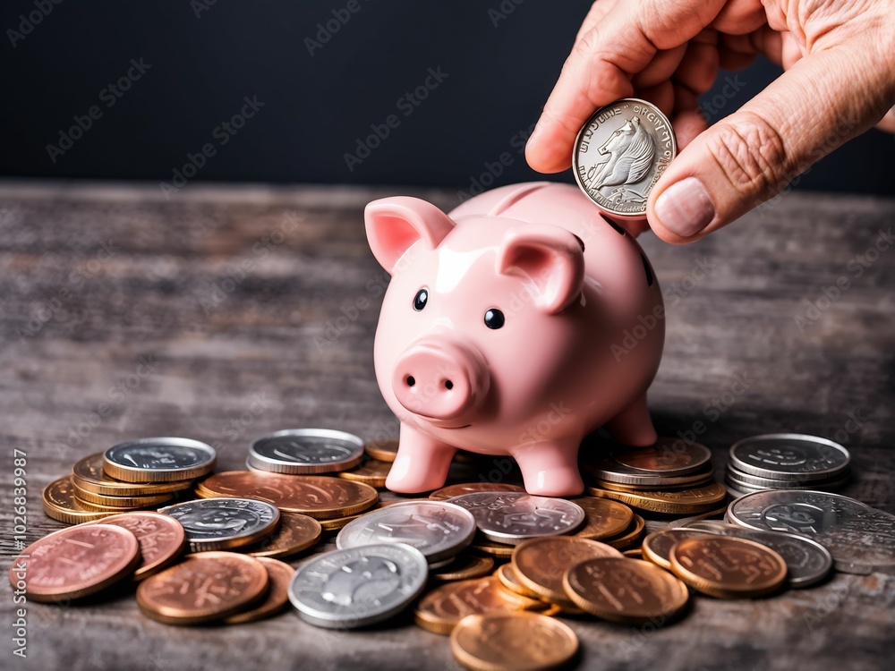 Wall mural hand putting a coin on pig saving. a pile of coins, business, investment, finance, and money saving 