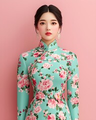 Elegant woman in floral traditional dress against pink backdrop