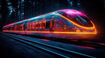 Fototapeta premium A high-speed passenger train, resembling a hyperloop, moves with flash lights, depicting futuristic digital transportation concepts.