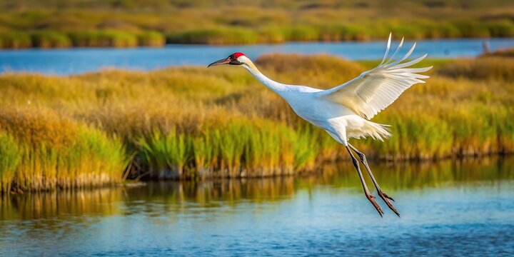 Critically endangered whooping crane flying over Aransas National Wildlife Refuge