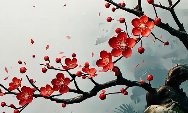 a tree with red flowers