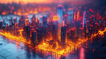 Fototapeta premium A high-tech data network is depicted with color grids over a miniature cityscape, rendered with cinematic effects to showcase advanced technology.
