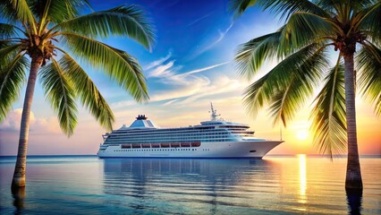 Cruise liner with palm trees sailing on the sea