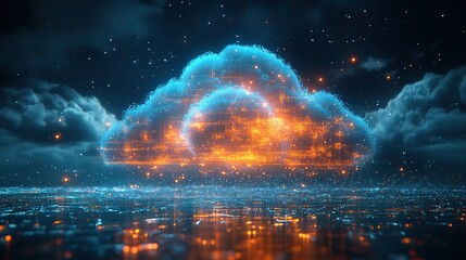 A hologram displays cloud processing during a business operation, emphasizing digital technology applications.