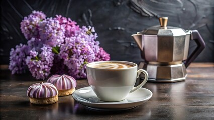 Cup of coffee with lilac marshmallow in dark and white chocolate glaze, coffee maker in background, wide-angle still life
