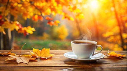 Cup of tea on table in cozy autumn cafe