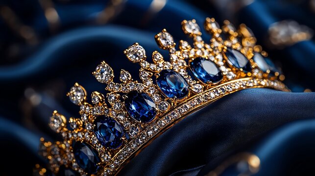 Diamond-encrusted crown resting on a pillow of gold silk, each gem reflecting royal blue and gold hues in a regal setting