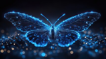 A low-poly butterfly symbolizes futuristic technology, with abstract designs in blue representing AI and digital transformation in the modern age.