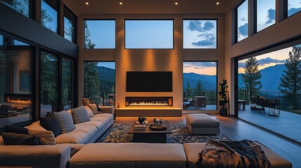 A luxurious living room integrated with a smart home dashboard for advanced lifestyle management.