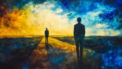 Fototapeta premium Two figures stand on a path in a surreal landscape, the sky above is painted with vivid colors of yellow, orange, and blue, symbolizing duality, choice, and the journey of life.