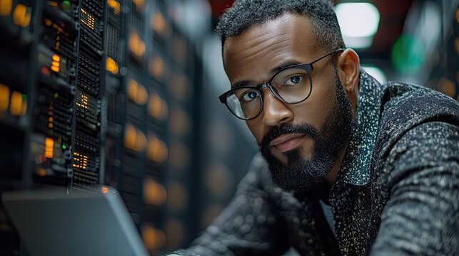 A male engineer working in a high-tech office, programming on a laptop with a focus on smooth server operation and data transfer analytics.