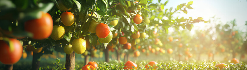 Organic orchard, trees full of various fruits