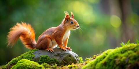 Curious red squirrel on mossy rock in lush forest