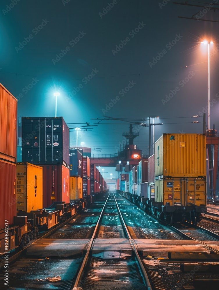 Poster a freight train is being loaded with large shipping containers at a railway station in the evening m