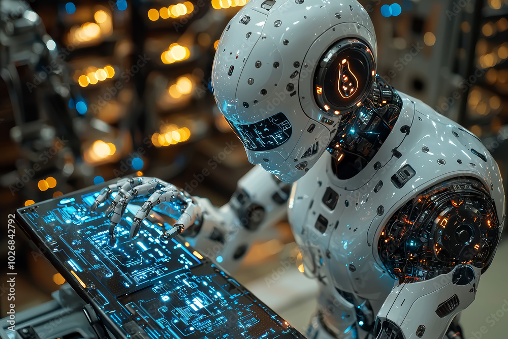 Poster a robotics engineer programming a humanoid robot to perform tasks in a manufacturing facility. conce