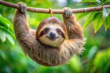 Cute brown and white sloth hanging from tree branch