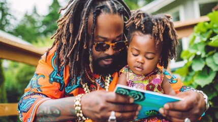 Father and Daughter Reading a Book Outdoors