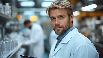 Fototapeta premium A man using a tablet in a production factory, integrating technology into industrial processes.