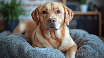 Labrador Lying on a Dog Bed in an Apartment, Cinematic Shot with Professional Color Grading and Soft Shadows in a Clean, Sharp Focus
