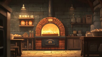 A rustic brick oven bakery with glowing embers and loaves of bread