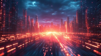 Fototapeta premium A metaverse-themed digital concept with neon colors, representing fast-paced communication and futuristic cityscapes.