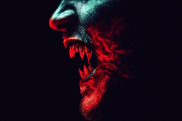 Closeup of red vampire fangs on black background. Scary monster teeth. Spooky Halloween concept. Horror and nightmare