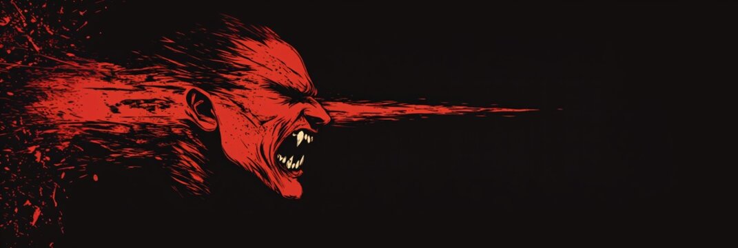 Red silhouette of vampire screams or growls on black background. Evil Halloween monster, scary zombie. Horror and psychological thriller concept. Retro comic style illustration for design