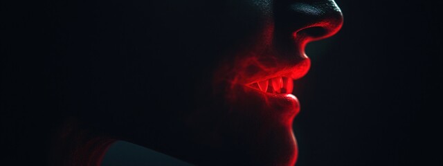 Closeup of red vampire fangs on black background. Scary monster teeth. Spooky Halloween concept. Horror and nightmare