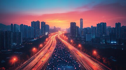 A modern cityscape represented with a communication network concept, showcasing the integration of digital technology within urban settings.