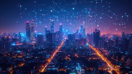 Obraz premium A modern cityscape represented with a communication network concept, showcasing the integration of digital technology within urban settings.