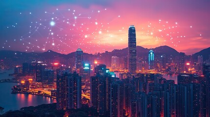 Fototapeta premium A modern cityscape with wireless network connections, emphasizing the integration of technology into urban environments, particularly at night.