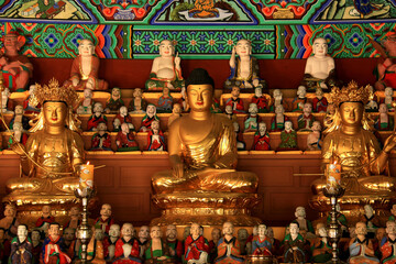 Buddha statues, Baekdamsa Temple, Inje-gun, Gangwon-do, Korea - October 21, 2019: This temple is located inside of Seoraksan National Park, founded in 647 years of Silla Dynasty.
