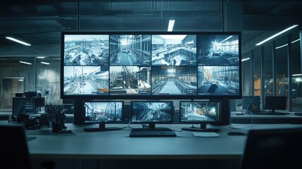 Industry 4.0 Modern Factory Security Control Room with Multipoke Computer Screens Showing Surveillance Camera Footage