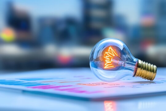 A glowing light bulb on paper with digital graphs in the background.