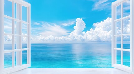 Open window view of ocean and sky, serene landscape with white clouds and blue water.