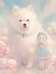 White-haired girl in a stunning blue dress and hat, standing amidst a floral sea alongside her large, fluffy companion, against a light sky-blue background that conjures a dreamy ambiance. 
