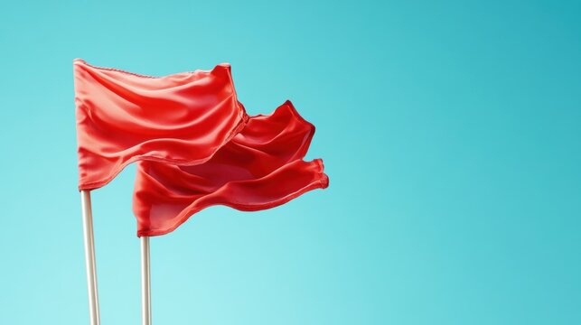 Three red flags waving against a bright blue background, dynamic and vibrant scene.