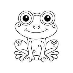 Frog coloring page for kids education learning coloring book. Happy funny cartoon frog drawing isolated on white