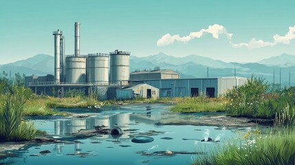 Fototapeta premium Industrial landscape with a factory beside a calm water body and surrounding vegetation.