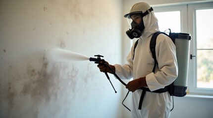 Mold remediation service: A professional worker spraying products to remove mold before house painting, clad in a protective suit and respirator mask, with a backpack sprayer at a home renovation site