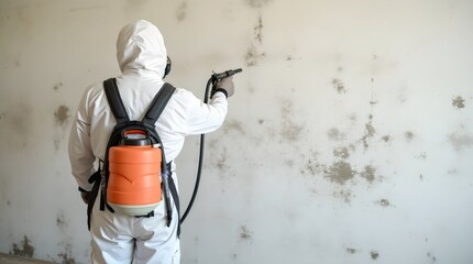 Mold remediation service: A professional worker spraying products to remove mold before house painting, clad in a protective suit and respirator mask, with a backpack sprayer at a home renovation site