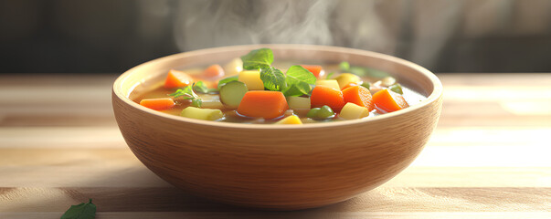 Organic vegetable soup, steaming hot in a bowl