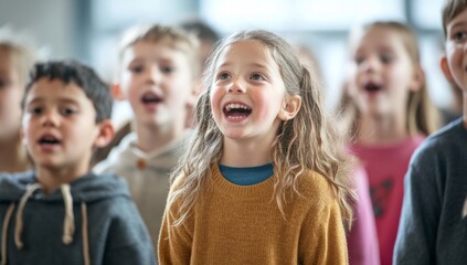 Obraz premium A group of children sing together in a classroom.