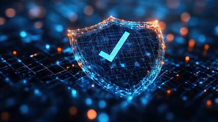 A polygonal wireframe shield with a checkmark on a dark blue background symbolizes secure technology, representing services that offer robust data protection.